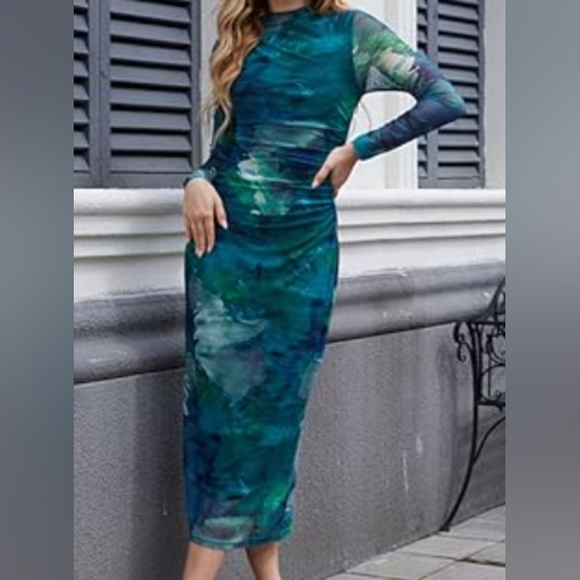 Merokeety Womans Green Multi Colored, Mock Neck, Side Ruching Dress Size XL - Picture 1 of 9